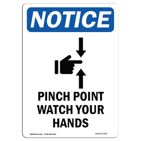 OSHA Sign, Pinch Point Watch Your Hands With Symbol, 14in X 10in Aluminum, 10" W, 14" L, Portrait